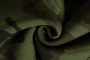 Macro shot of high-density knitted camo fabric showing green and brown camouflage texture
