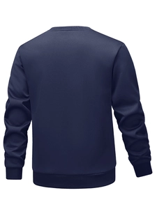 Rear view of navy blue crew neck sweatshirt featuring ribbed cuffs and a structured fit
