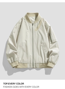 Detail of bomber jacket with ribbed collar, utility sleeve pocket and hollow patchwork