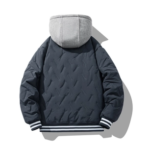 Detail of navy padded jacket with grey hood and striped elastic ribbed cuffs and hem