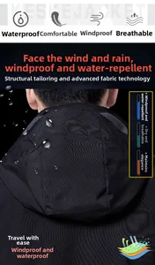 Close-up of waterproof synthetic fiber fabric on a black hooded outdoor tech jacket
