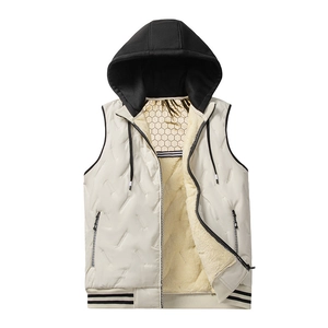 Men's quilted hooded vest with warm fleece lining and black contrast hood in white