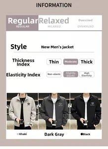 Detailed chart showing khaki, dark grey and black jackets with a stand-up collar design