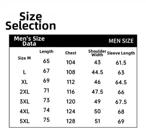 Detailed size chart for men's casual jacket showing length, chest, and shoulder measurements