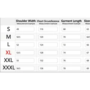 Detailed size chart for men corduroy jacket with measurements for S to XXXL sizes