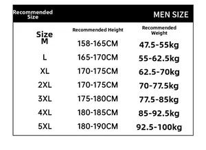 Detailed size chart for men jacket showing recommended height and weight from M to 5XL