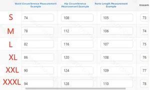 Detailed size chart for men fleece joggers including waist and length measurements
