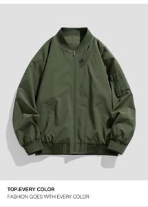 Detail of olive green bomber jacket featuring ribbed collar and functional arm pocket