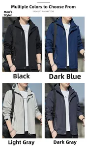 Detailed view of casual windbreaker jackets for men in black, navy, and grey colors