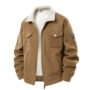 Men's brown corduroy jacket with white sherpa collar and front flap pockets