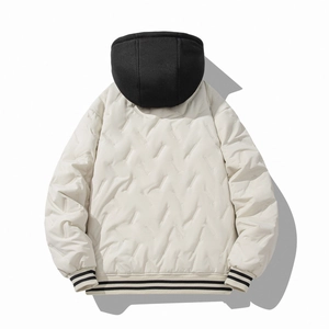 Detail view of winter hooded jacket back with beige quilted fabric and striped ribbed cuffs