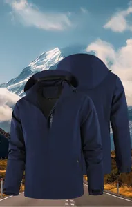 Detail view of a navy outdoor waterproof jacket with breathable mesh lining and hood