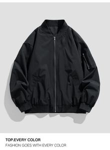 Detail of bomber jacket sleeve with functional utility zipper pocket and ribbed knit cuff