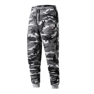 Men's camouflage cargo joggers with USA print, elastic waist and ribbed cuffs on white back
