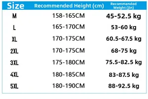 Size chart for men's hooded jacket showing measurements from M to 5XL for height and weight