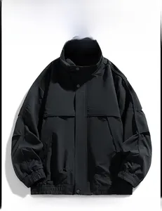 Detail of black outdoor sports jacket featuring a stand-up collar and ribbed cuffs design