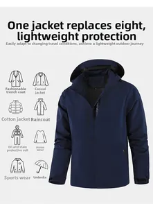 Detail view of water-resistant navy outdoor jacket showing technical windproof features