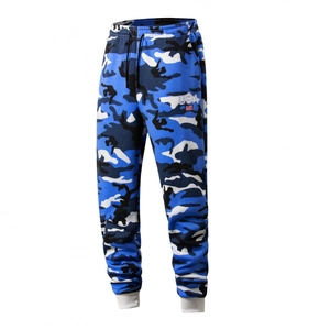 Men's blue camouflage joggers with USA embroidery and drawstring, featuring ribbed cuffs