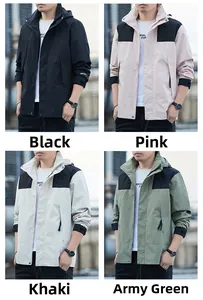 Collage of outdoor jackets in black, pink, khaki, and army green with hooded design