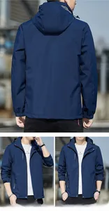 Detailed views of navy blue windbreaker featuring a detachable hood and elastic cuffs