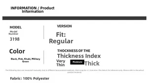 Detailed chart showing 100% polyester fabric and color options for windproof jacket
