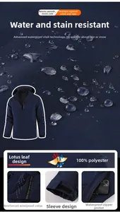 Macro detail of navy blue outdoor jacket featuring waterproof fabric and adjustable velcro cuffs