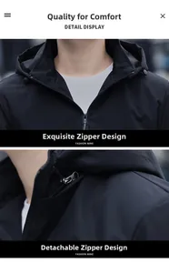 Detailed macro view of the detachable hood zipper on this black windproof jacket