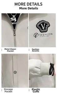 Detailed close-up of silver zipper, V-shaped embroidery, side pocket, and elastic cuff on jacket