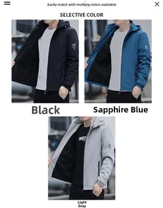 Three-color collage of hooded windbreaker jackets in black, blue, and light grey fleece