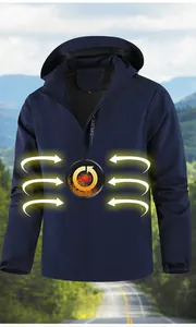Detail of adjustable hood and Explore logo on navy blue waterproof outdoor jacket