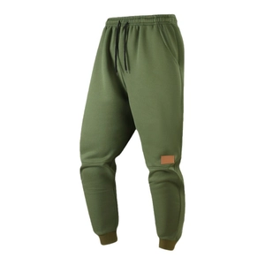 Men's olive green fleece lined joggers with elastic drawstring waist and leather patch