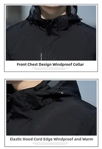 Detail of adjustable windproof drawstring and secure collar design on a black hooded jacket