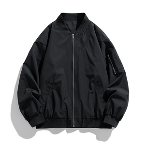 Classic black American retro baseball collar bomber jacket with ribbed cuffs and loose fit