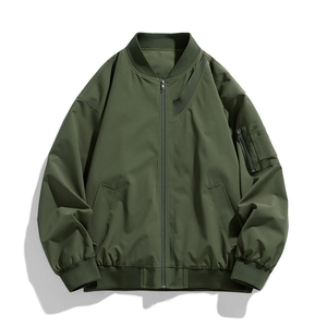 Classic army green MA-1 bomber jacket with ribbed collar and tactical sleeve pocket