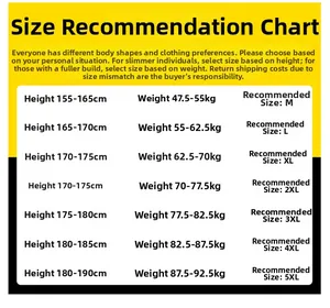 Size recommendation chart for men's jackets showing height and weight details from M to 5XL