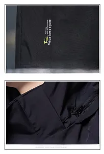 Detail of the detachable hood zipper and printed pocket on the black windbreaker jacket