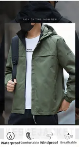 Detail of waterproof army green tactical jacket with hooded neck and taped zipper pocket