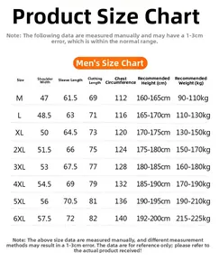 Detailed outdoor jacket size chart with height and weight recommendations from M to 6XL