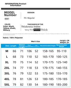 Detailed size chart for men outdoor waterproof jacket with measurements from M to 5XL