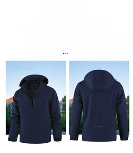 Detail view showing front and back of a dark blue waterproof hooded outdoor jacket