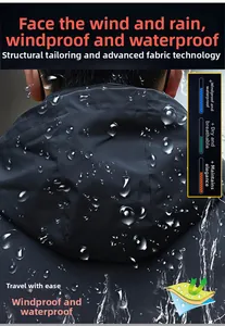 Close-up of waterproof technical fabric on dark blue jacket showing water beads