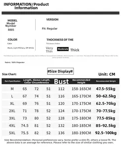 Detailed size chart for men's color-block jacket with dimensions in CM for perfect fit