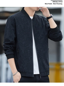 Macro detail of men's slim bomber jacket with tropical leaf embossed texture and ribbing