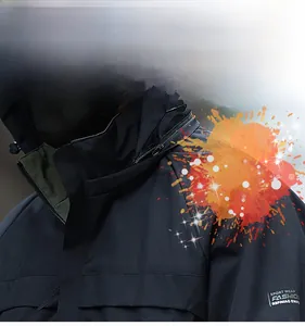 Detail showing high-tech anti-fouling waterproof fabric on a hooded outdoor jacket