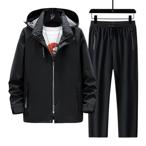 Outdoor waterproof windbreaker jacket and black pants set for men's hiking activities