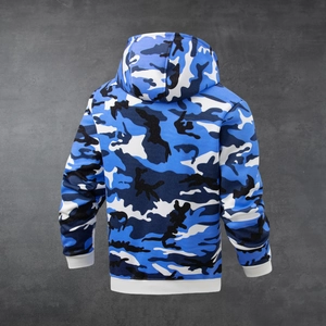 Rear view detail of men's blue camouflage hoodie with ribbed cuffs and fleece texture