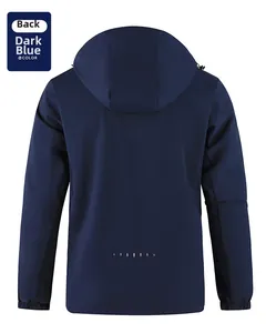 Rear view of dark blue hooded outdoor jacket with silver reflective dots on back hem