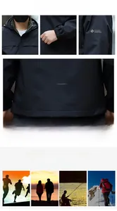 Detail view of men's waterproof jacket showing windproof hood and outdoor sport features