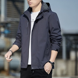 Men's navy blue hooded outdoor windbreaker jacket with adjustable velcro cuffs