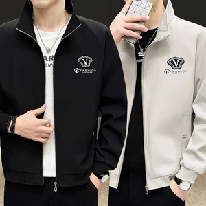 Men Stand Collar Casual Jacket Polyester Windbreaker Zipper Long Sleeve Outwear Solid Color Ribbed Trim Urban Fashion Male Coat